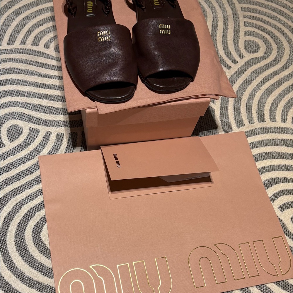 Miu Miu Brown Leather Slide Sandals with Gold Logo - Picture 3 of 7